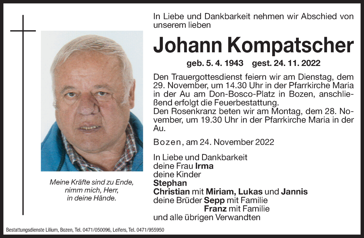  Traueranzeige für Johann Kompatscher vom 26.11.2022 aus Dolomiten