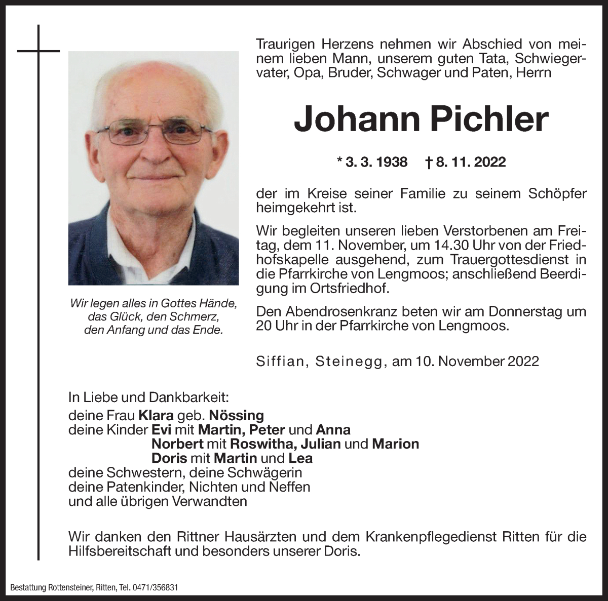  Traueranzeige für Johann Pichler vom 10.11.2022 aus Dolomiten