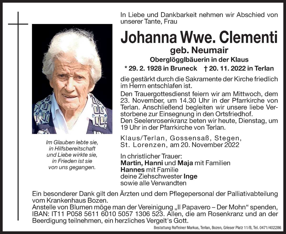  Traueranzeige für Johanna Clementi vom 22.11.2022 aus Dolomiten