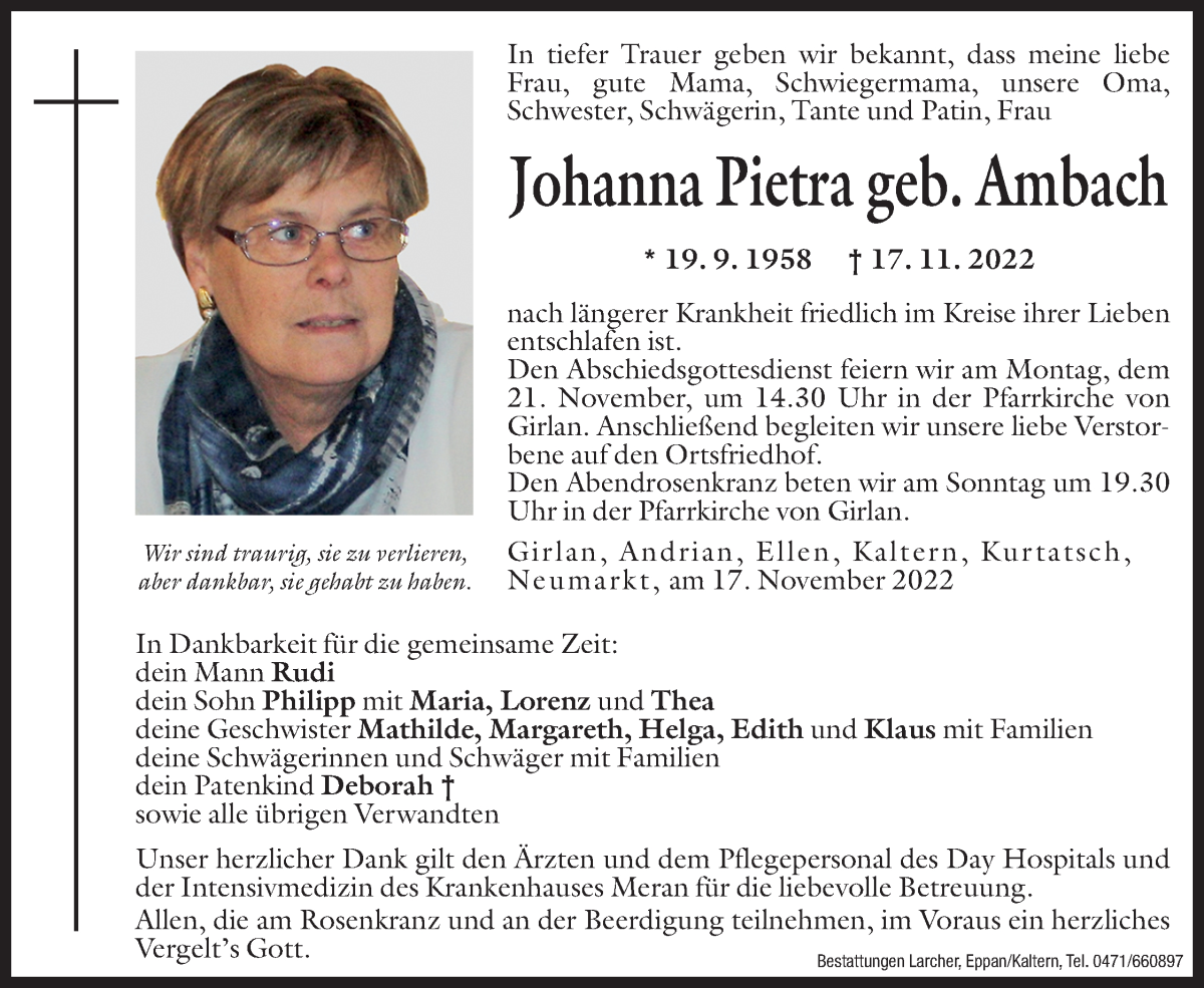  Traueranzeige für Johanna Pietra vom 18.11.2022 aus Dolomiten