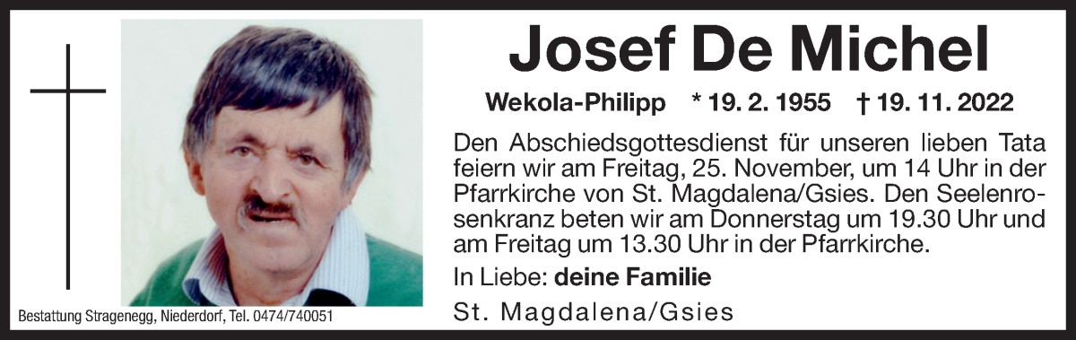  Traueranzeige für Josef De Michel vom 24.11.2022 aus Dolomiten
