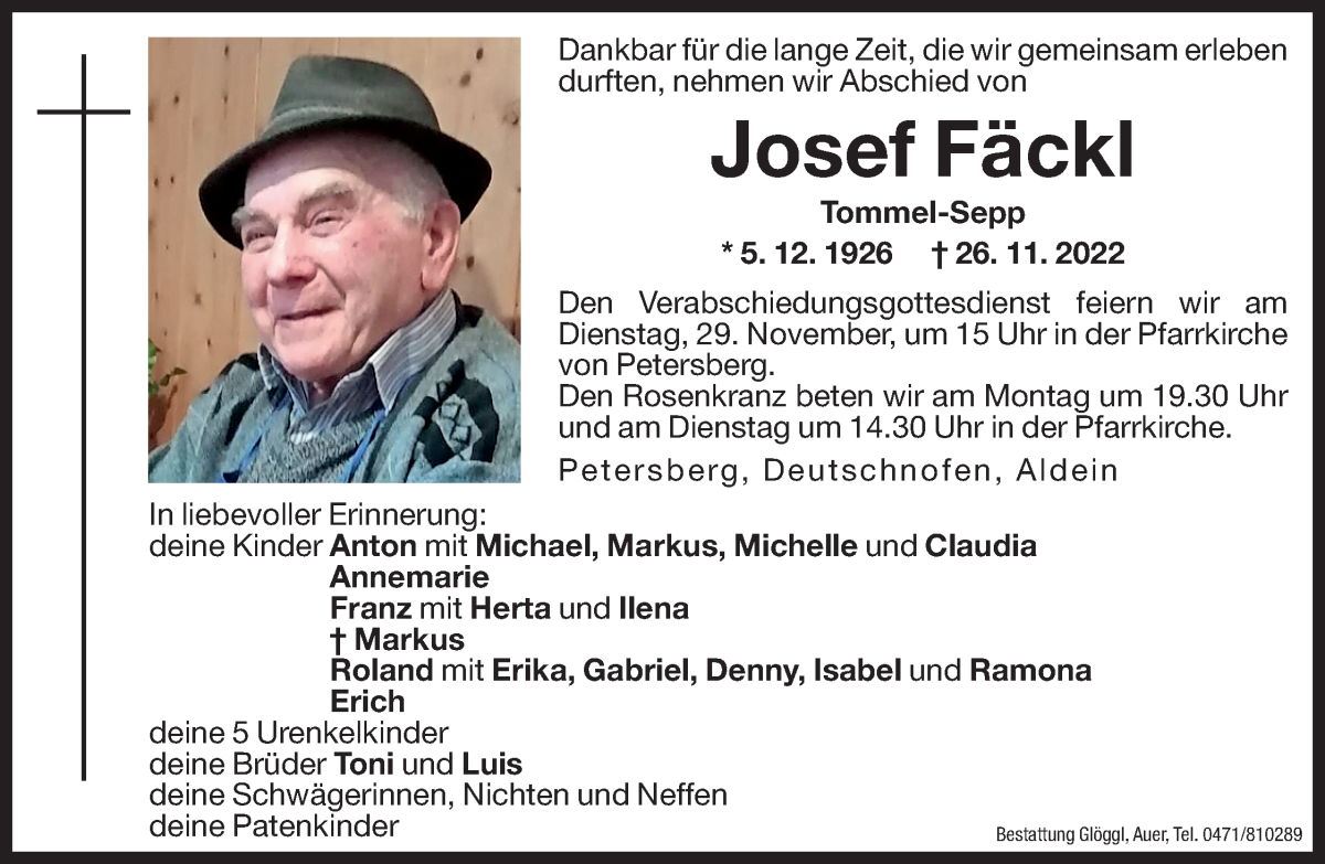  Traueranzeige für Josef Fäckl vom 28.11.2022 aus Dolomiten