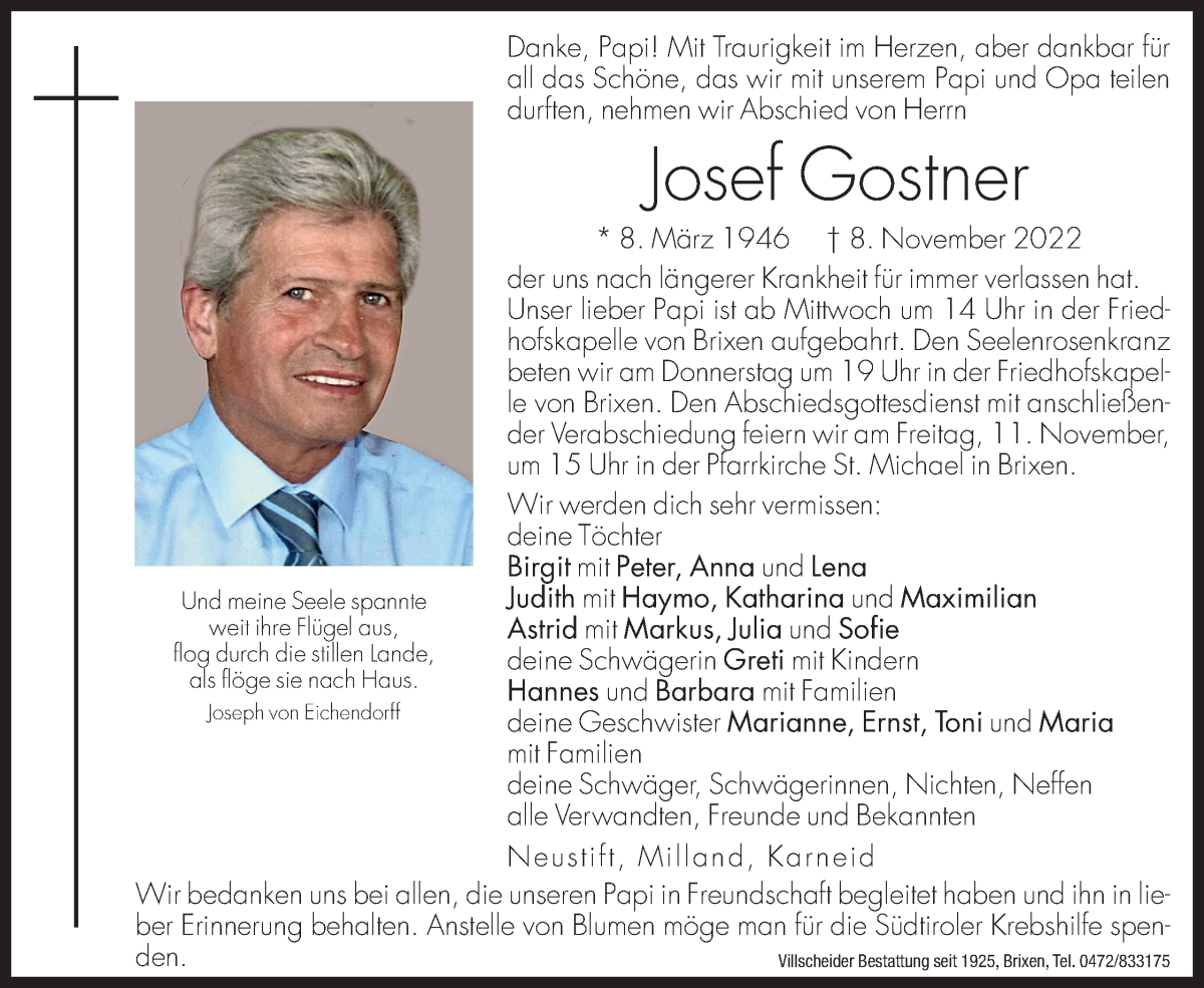  Traueranzeige für Josef Gostner vom 09.11.2022 aus Dolomiten