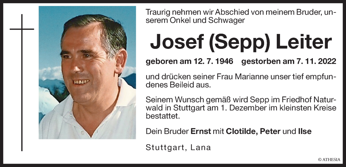  Traueranzeige für Josef Leiter vom 18.11.2022 aus Dolomiten