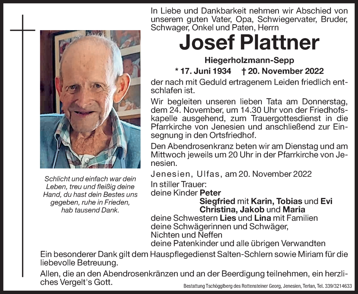  Traueranzeige für Josef Plattner vom 22.11.2022 aus Dolomiten