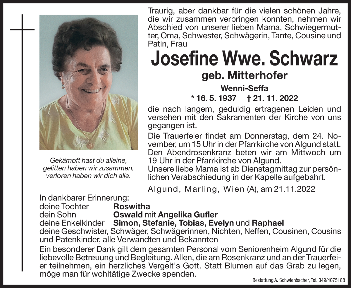  Traueranzeige für Josefine Schwarz vom 22.11.2022 aus Dolomiten