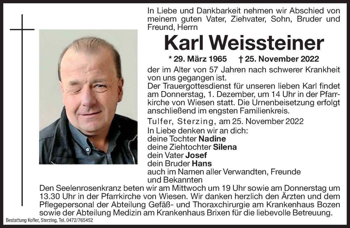  Traueranzeige für Karl Weissteiner vom 29.11.2022 aus Dolomiten