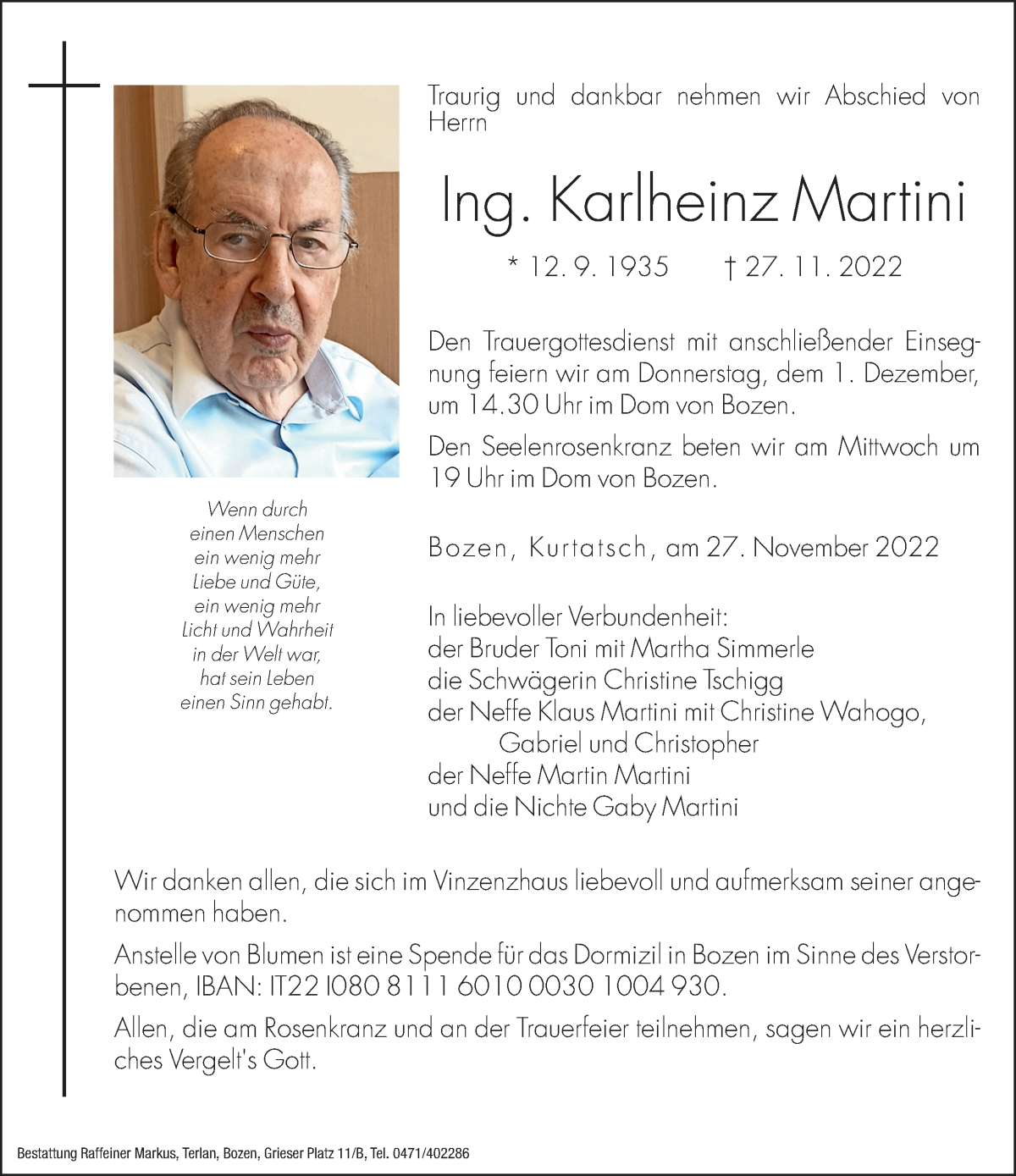  Traueranzeige für Karlheinz Martini vom 29.11.2022 aus Dolomiten