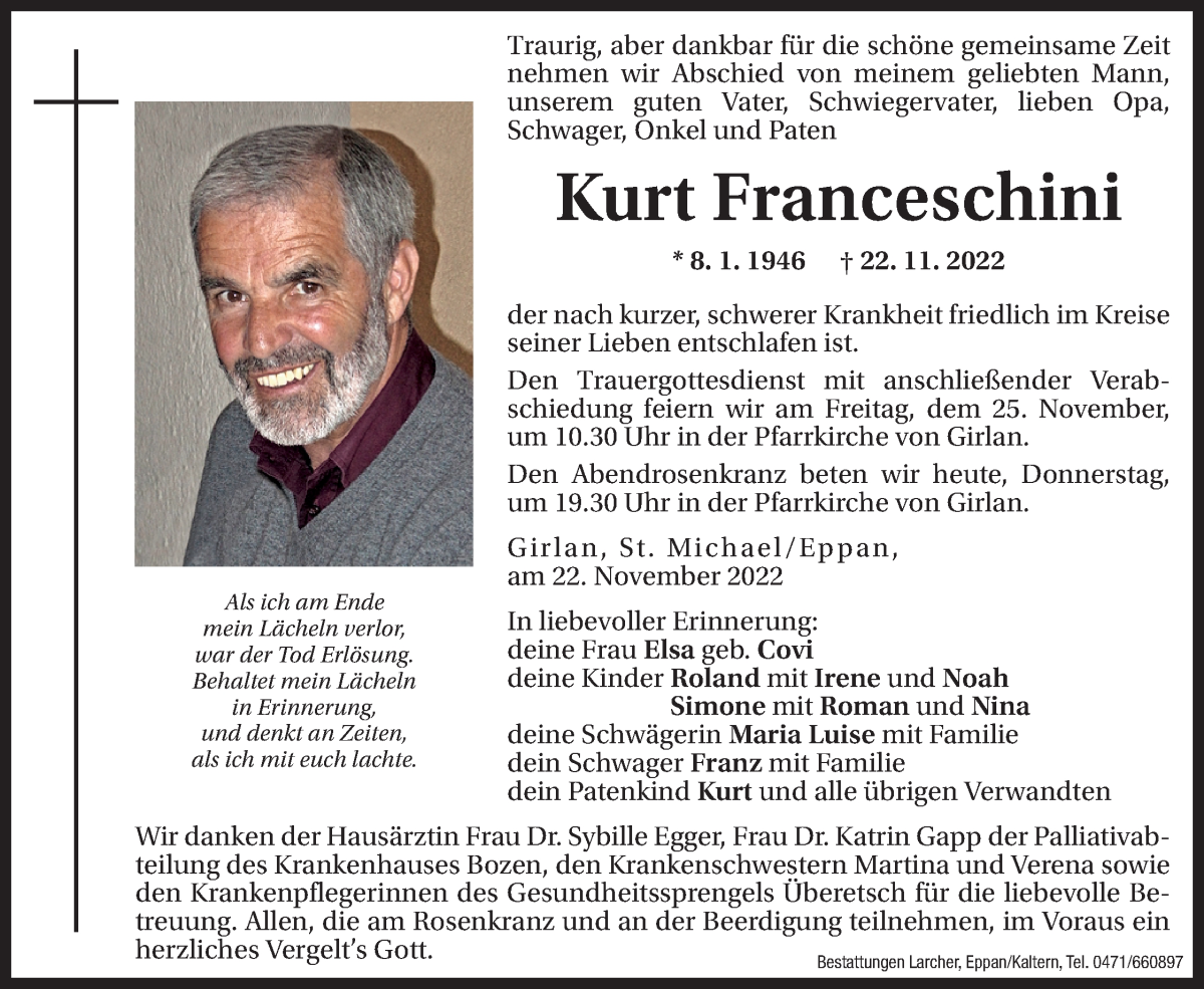  Traueranzeige für Kurt Franceschini vom 24.11.2022 aus Dolomiten