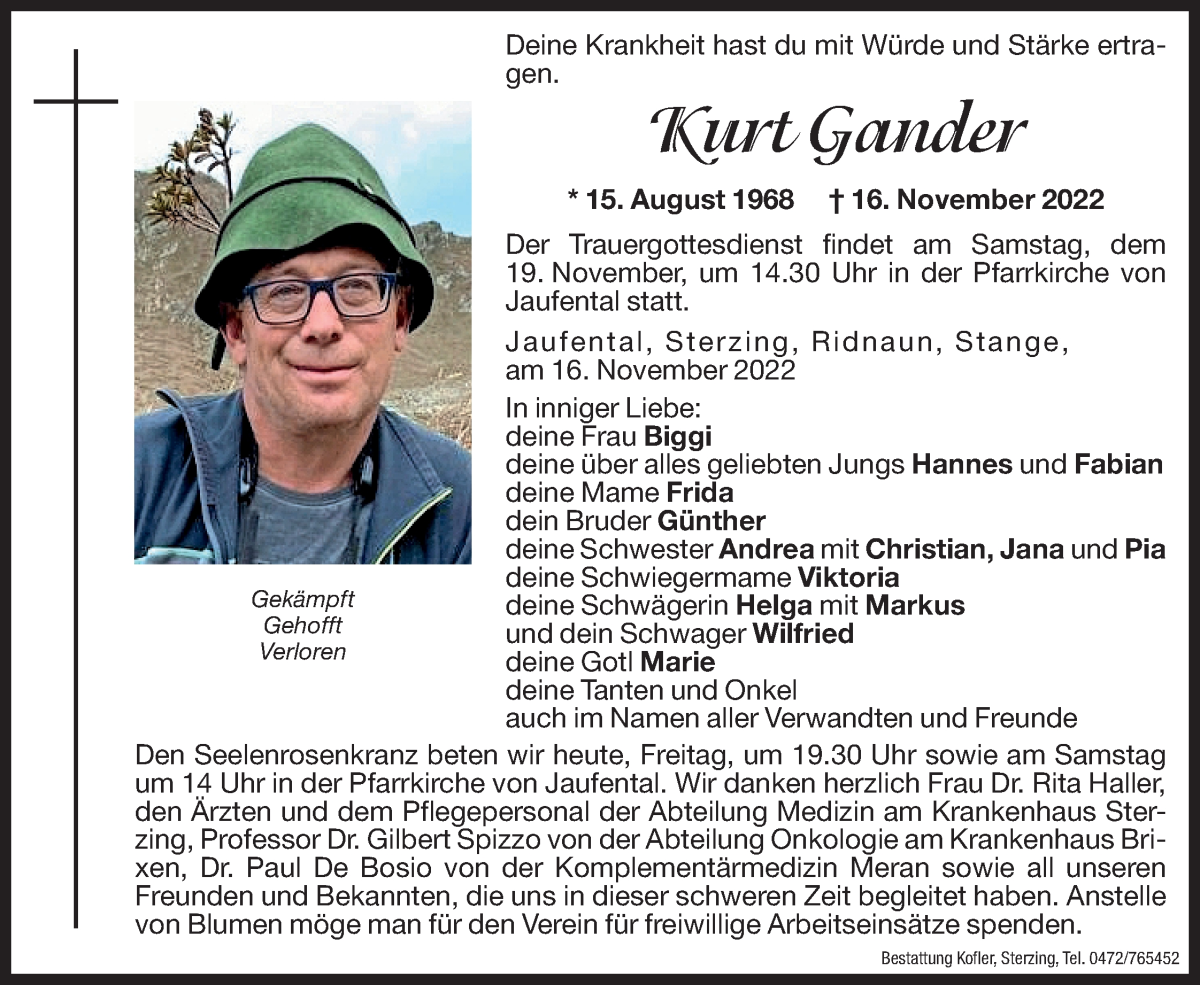  Traueranzeige für Kurt Gander vom 18.11.2022 aus Dolomiten