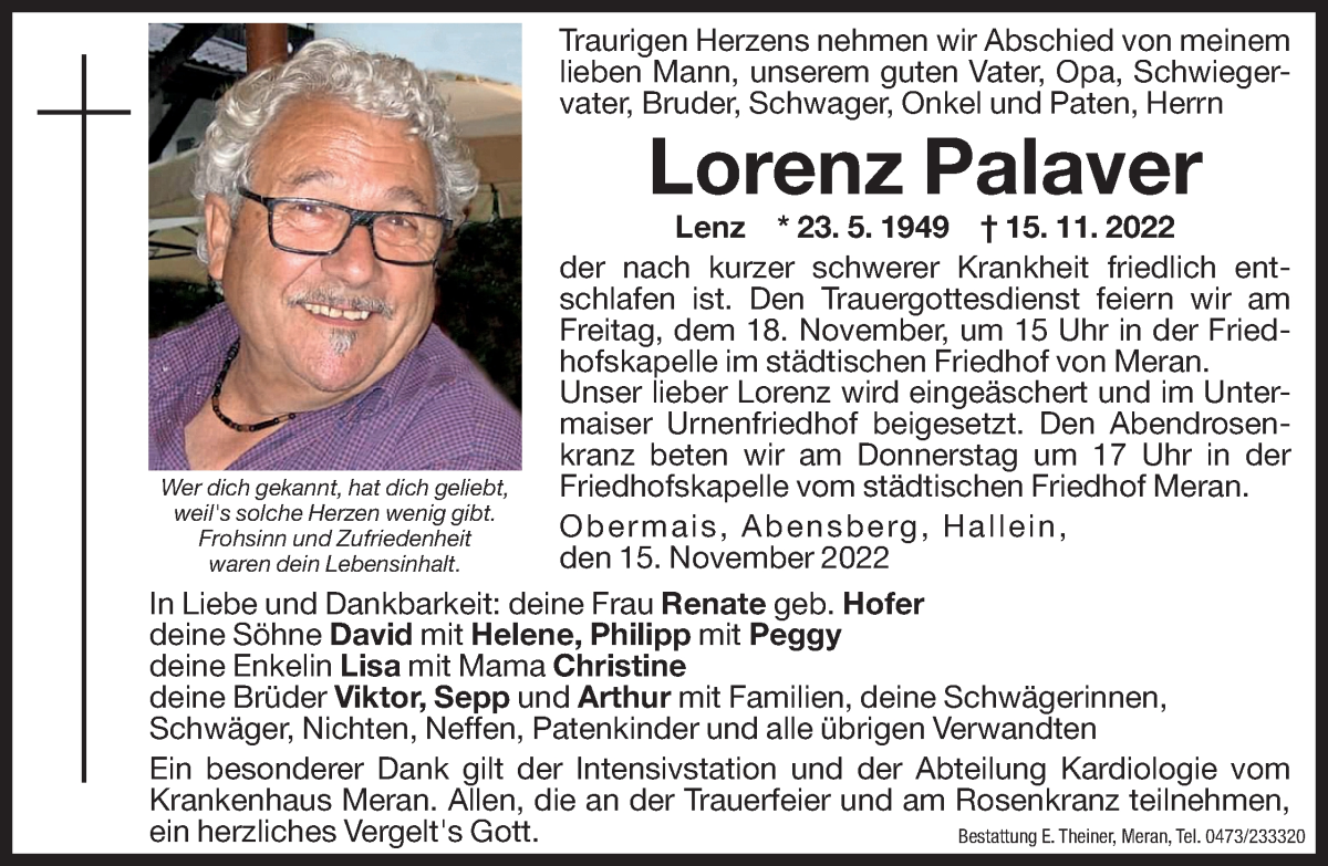  Traueranzeige für Lorenz Palaver vom 16.11.2022 aus Dolomiten