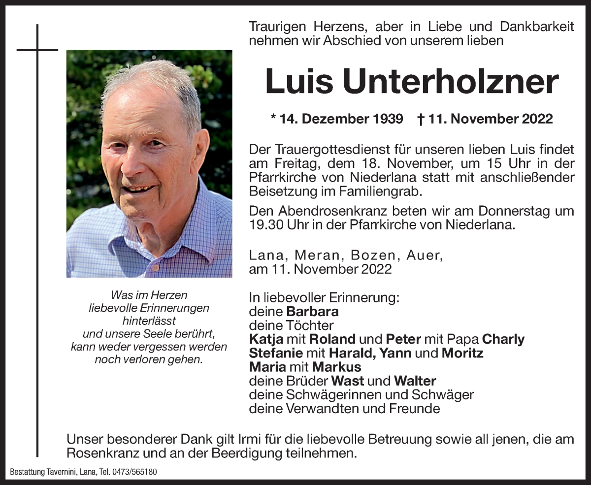 Traueranzeige für Luis Unterholzner vom 16.11.2022 aus Dolomiten