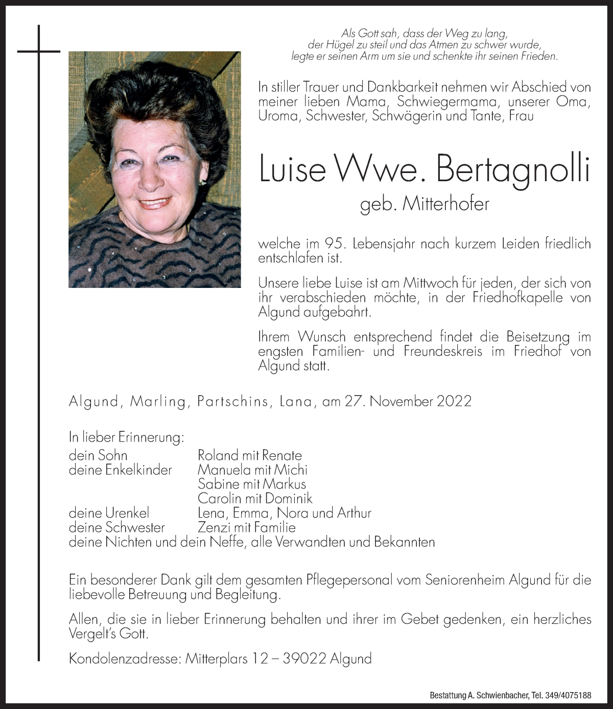  Traueranzeige für Luise Bertagnolli vom 29.11.2022 aus Dolomiten