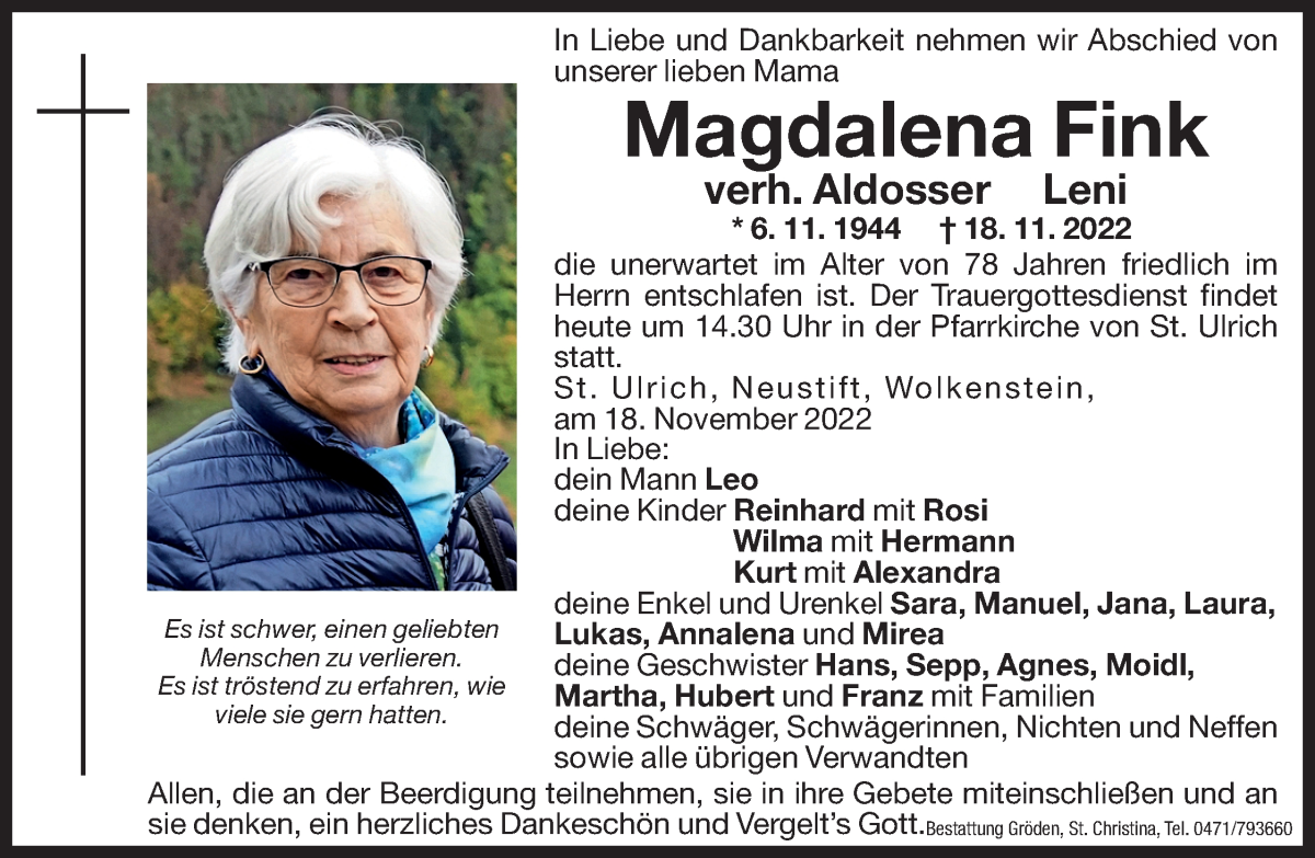  Traueranzeige für Magdalena Aldosser vom 21.11.2022 aus Dolomiten