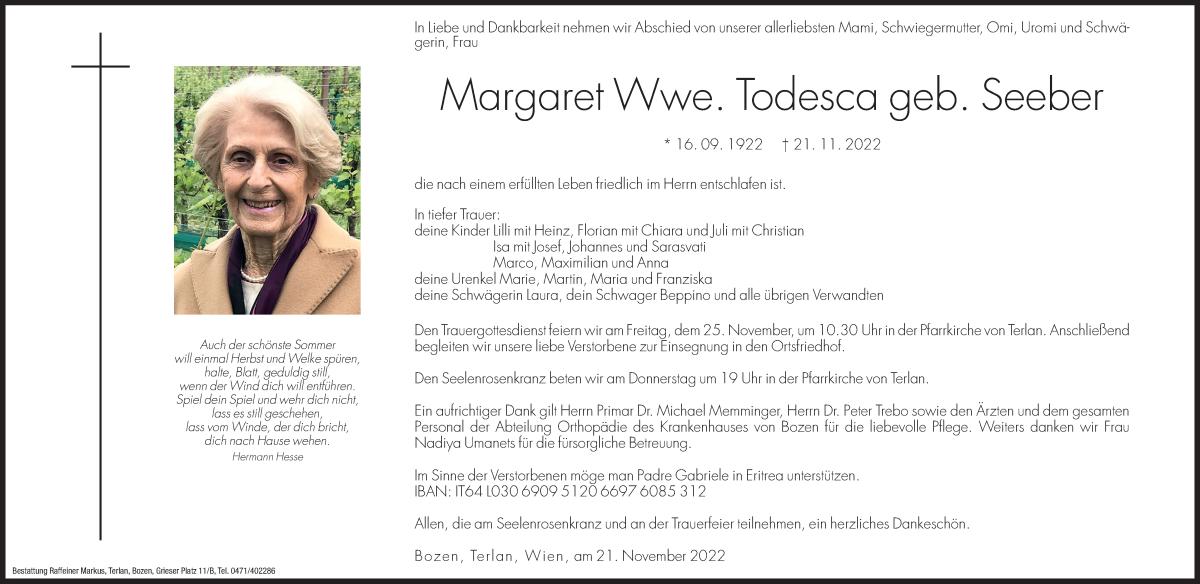  Traueranzeige für Margaret Todesca vom 23.11.2022 aus Dolomiten