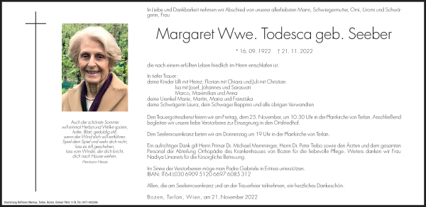 Traueranzeige von Margaret Todesca von Dolomiten