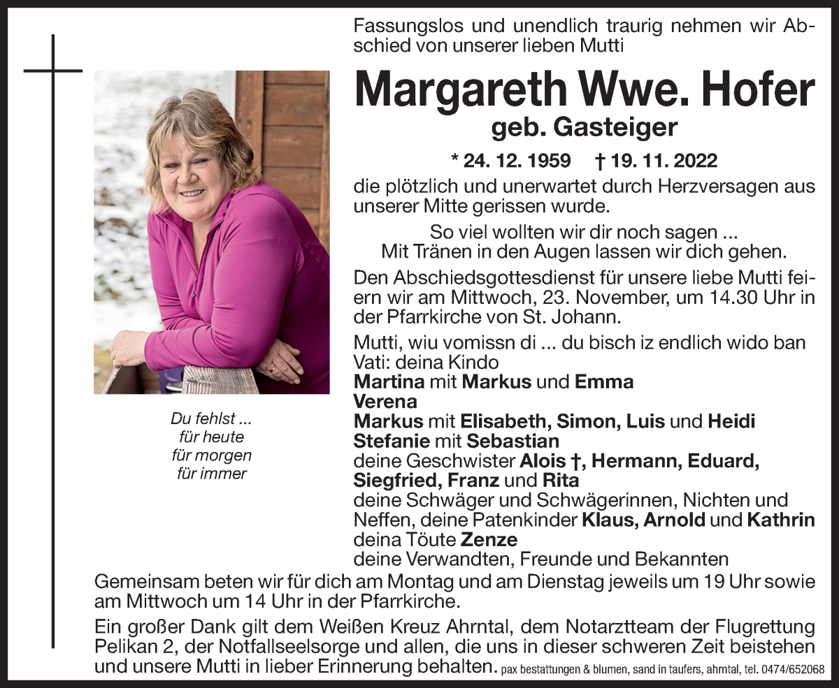  Traueranzeige für Margareth Hofer vom 21.11.2022 aus Dolomiten