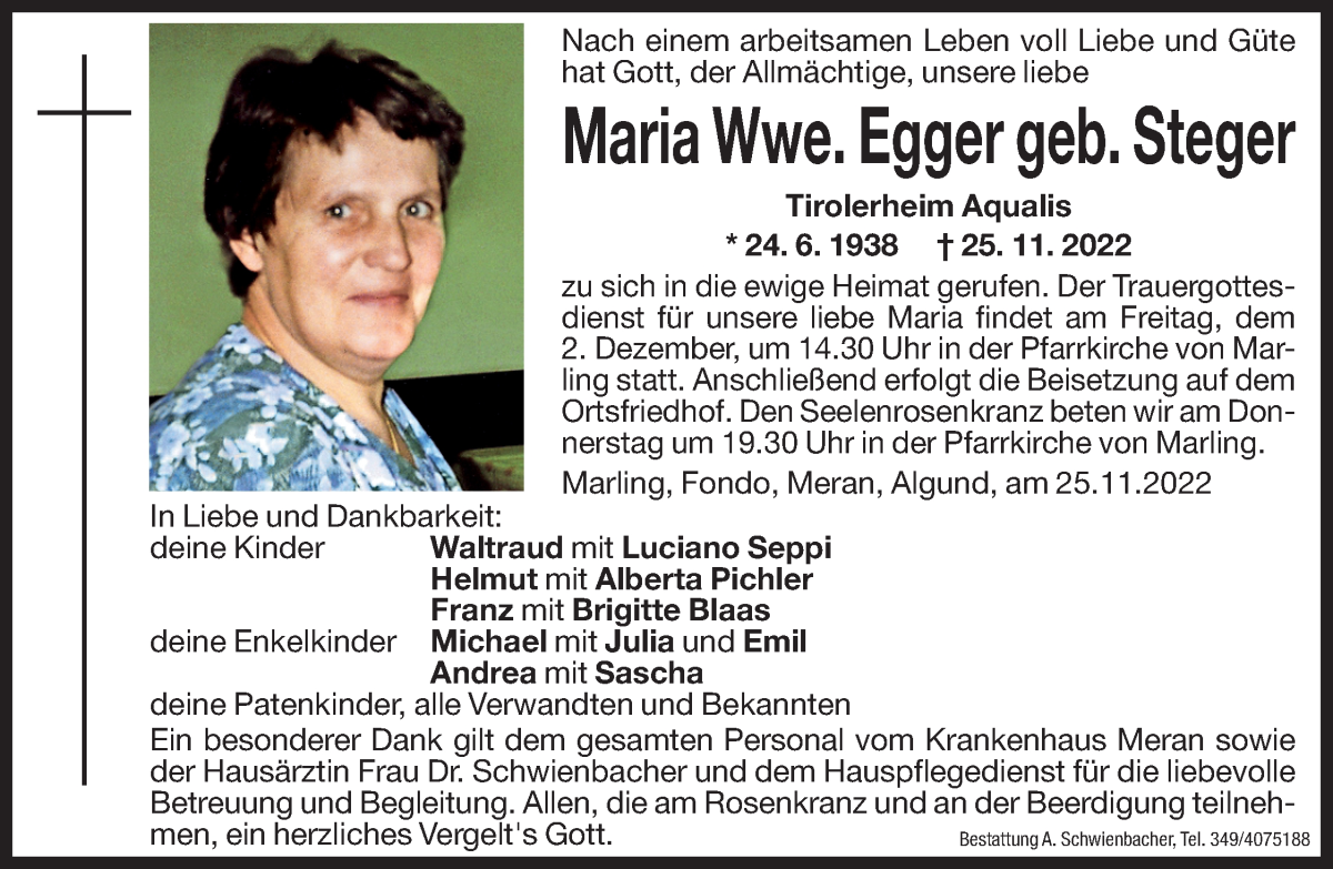  Traueranzeige für Maria Egger vom 30.11.2022 aus Dolomiten