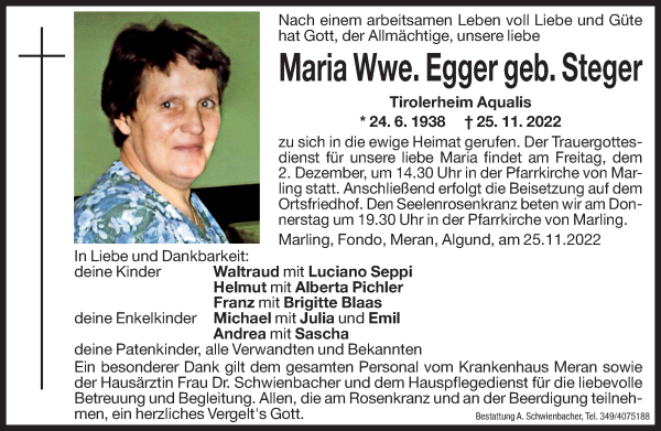 Traueranzeige von Maria Egger von Dolomiten