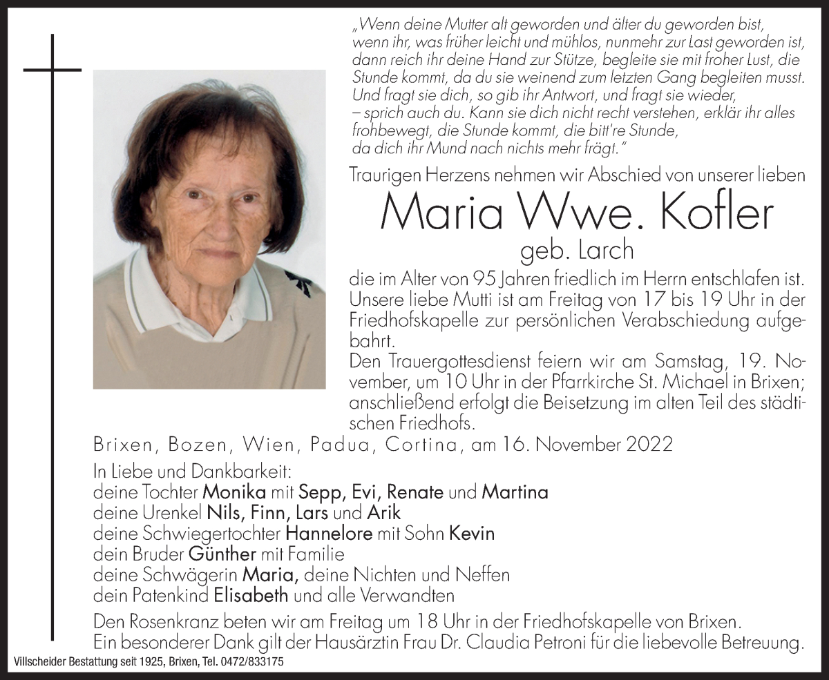  Traueranzeige für Maria Kofler vom 18.11.2022 aus Dolomiten