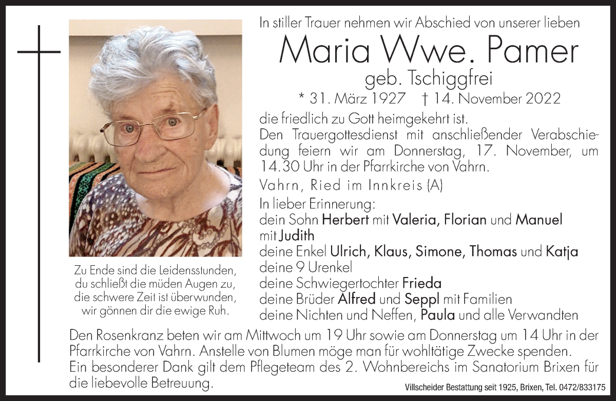  Traueranzeige für Maria Pamer vom 16.11.2022 aus Dolomiten