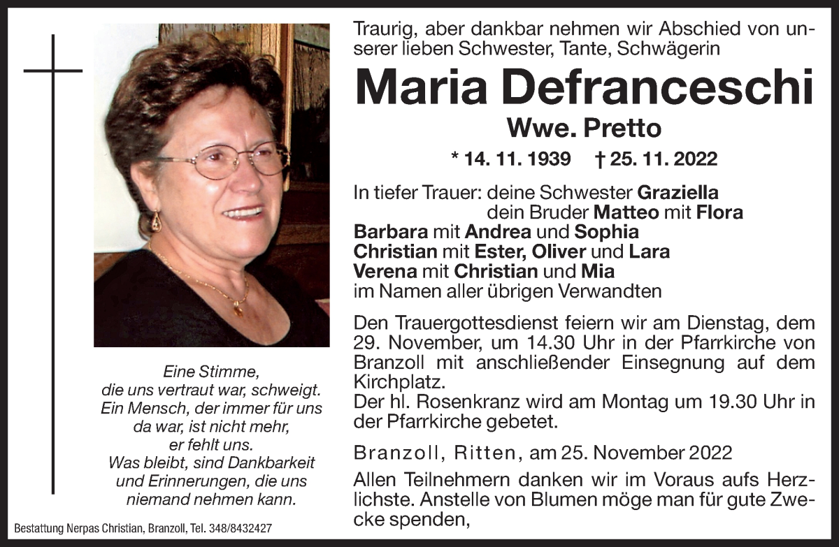  Traueranzeige für Maria Pretto vom 28.11.2022 aus Dolomiten