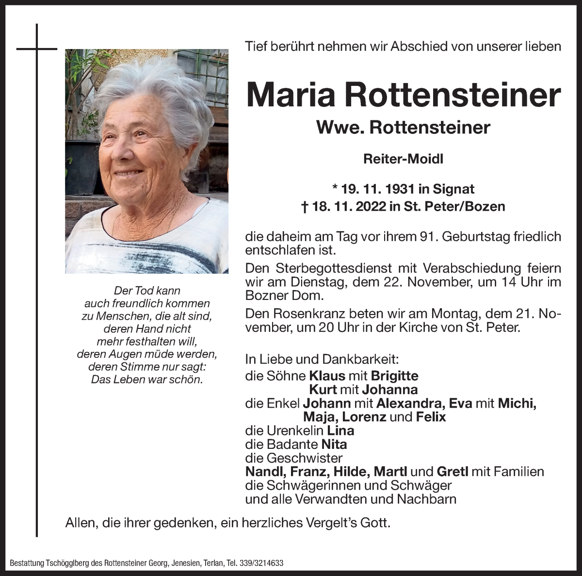  Traueranzeige für Maria Rottensteiner vom 21.11.2022 aus Dolomiten