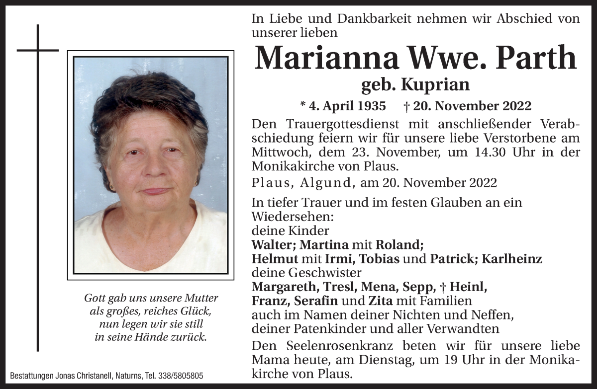  Traueranzeige für Marianna Parth vom 22.11.2022 aus Dolomiten