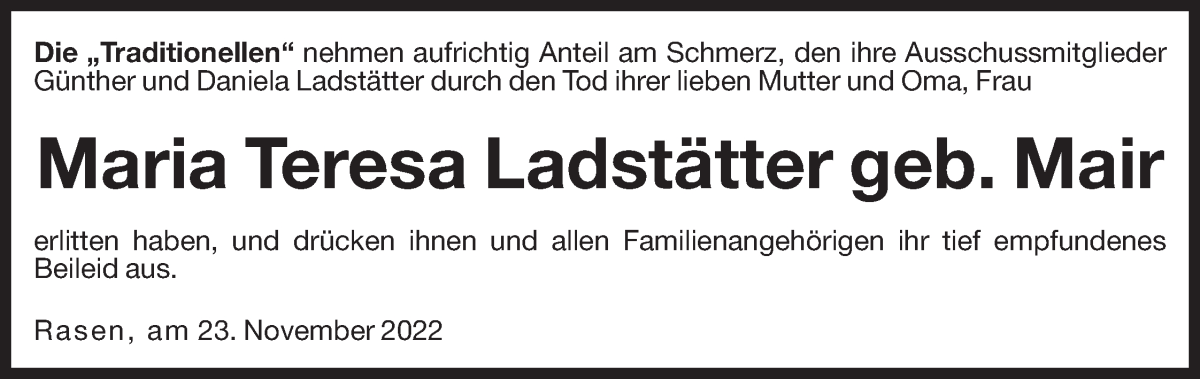  Traueranzeige für Maria Teresa Ladstätter vom 24.11.2022 aus Dolomiten