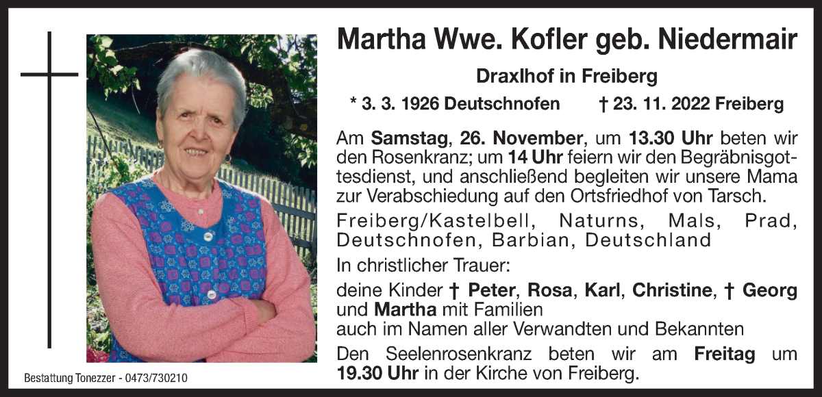  Traueranzeige für Martha Kofler vom 25.11.2022 aus Dolomiten