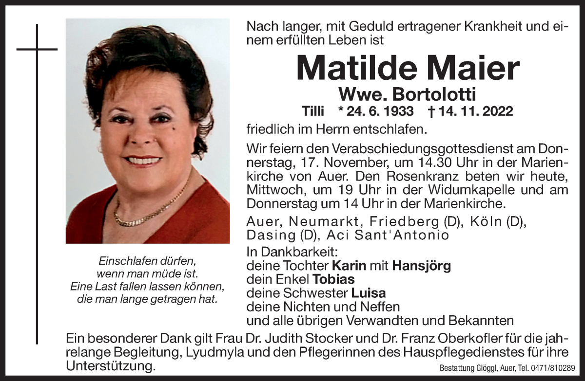  Traueranzeige für Matilde Bortolotti vom 16.11.2022 aus Dolomiten