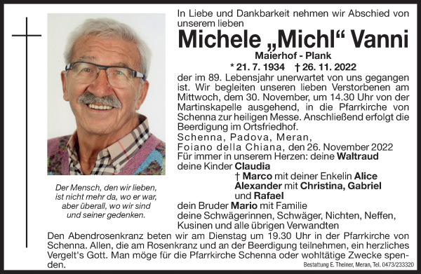 Traueranzeigen von Michele Vanni Trauer.bz