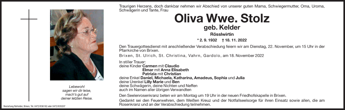  Traueranzeige für Oliva Stolz vom 19.11.2022 aus Dolomiten