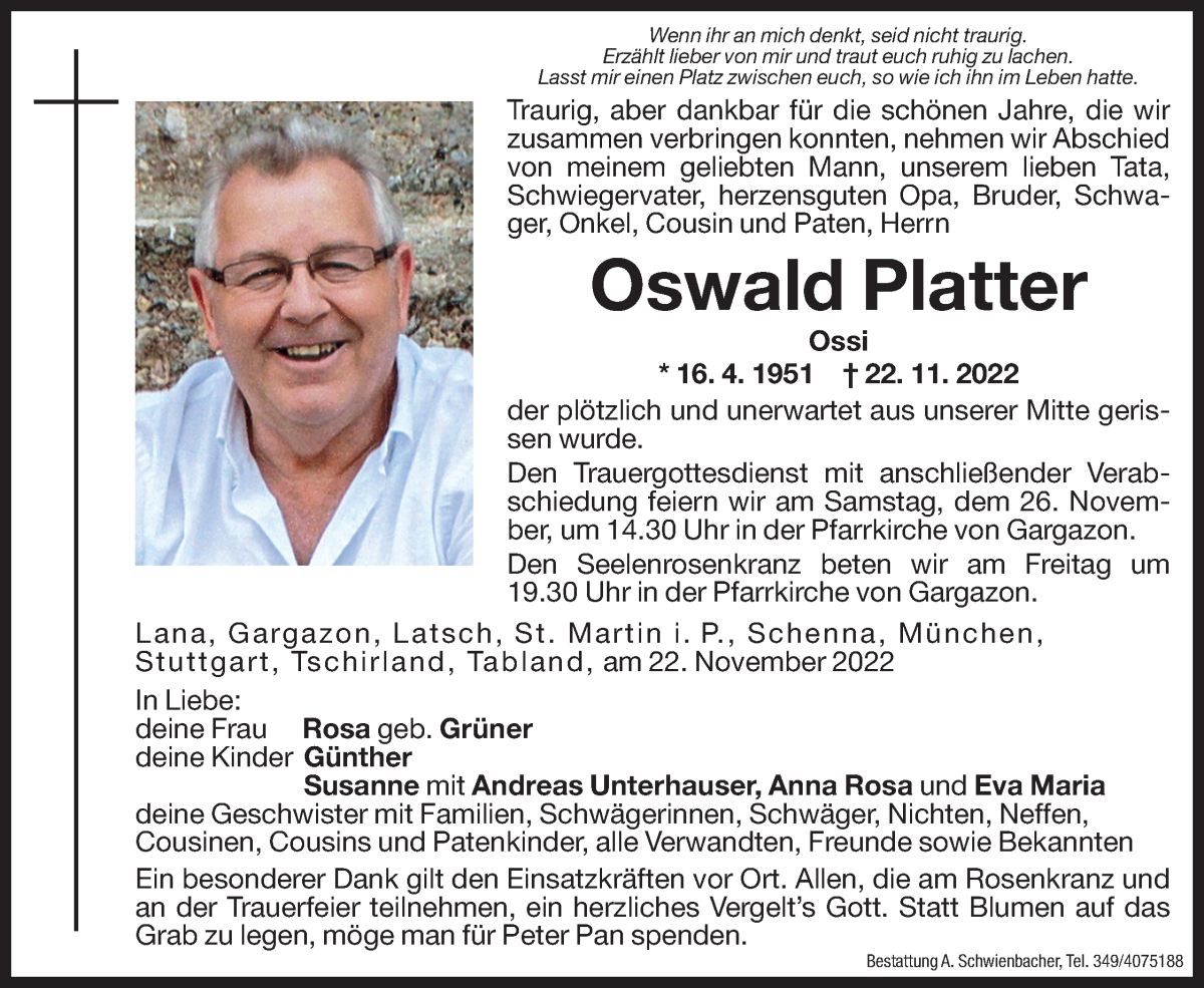  Traueranzeige für Oswald Platter  vom 24.11.2022 aus Dolomiten