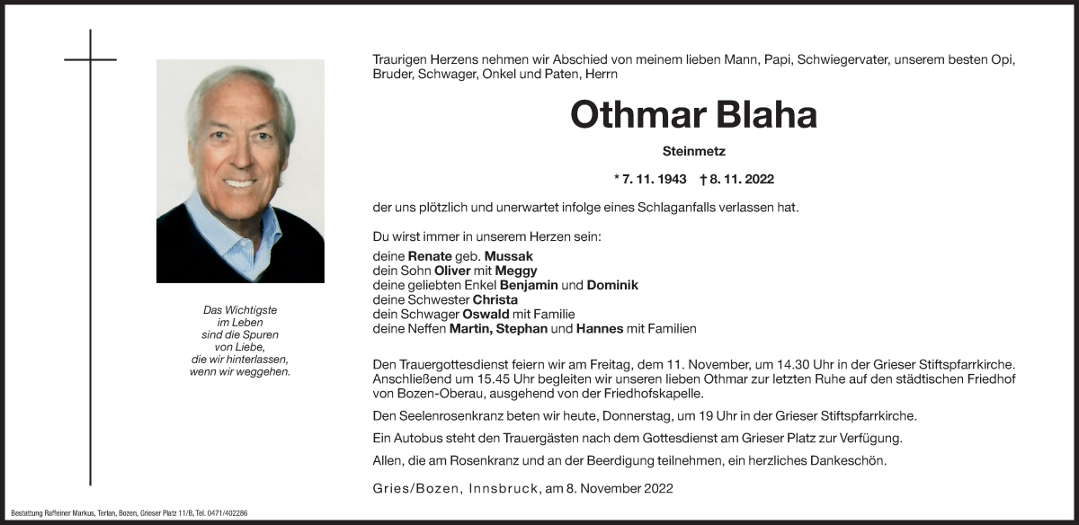  Traueranzeige für Othmar Blaha vom 10.11.2022 aus Dolomiten