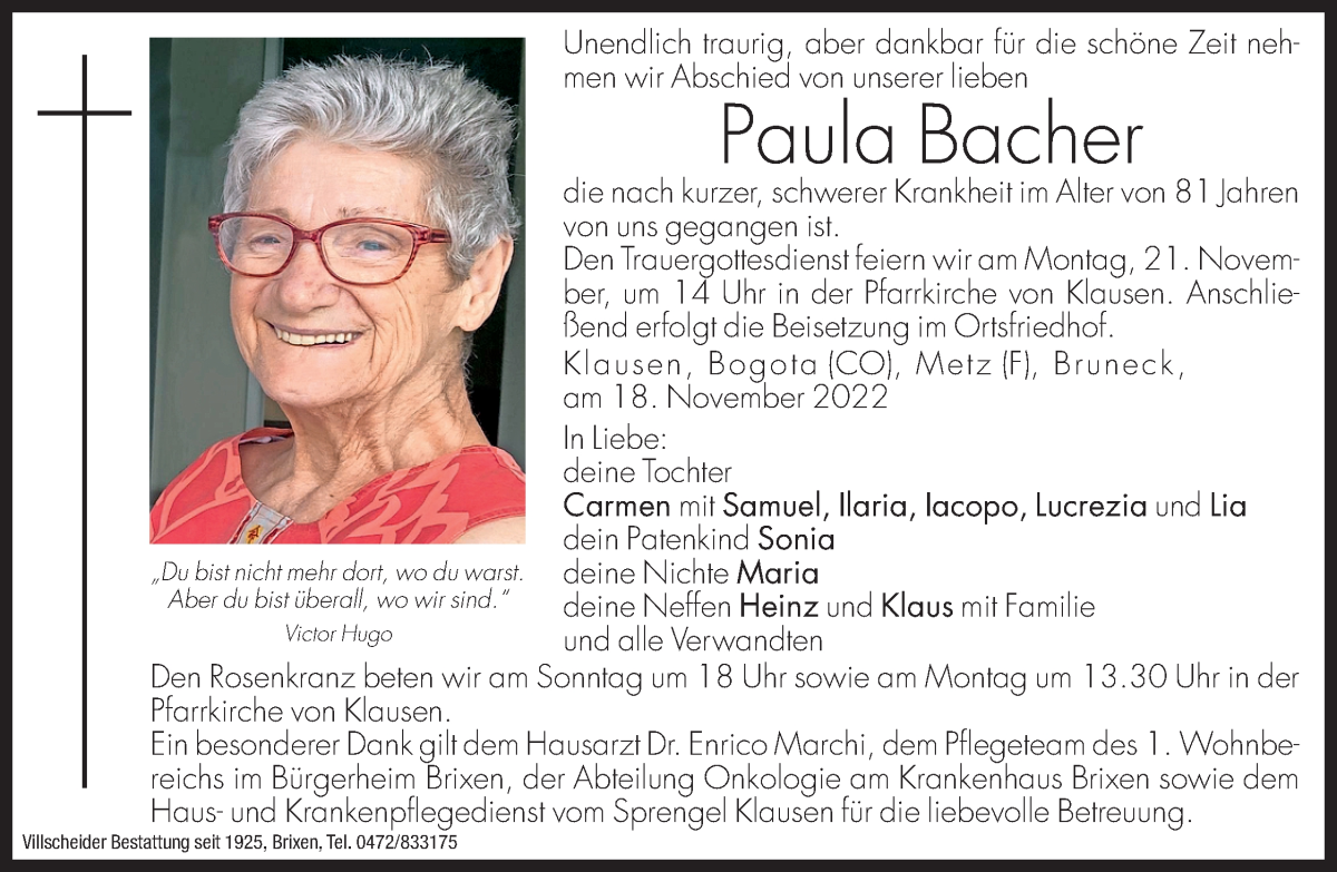  Traueranzeige für Paula Bacher vom 19.11.2022 aus Dolomiten
