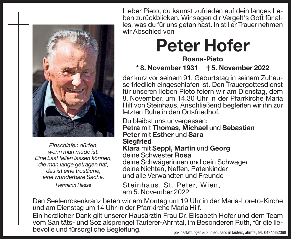  Traueranzeige für Peter Hofer vom 07.11.2022 aus Dolomiten