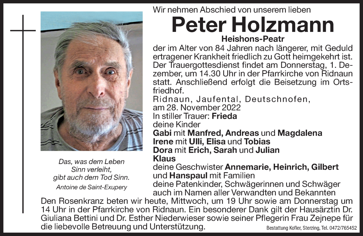  Traueranzeige für Peter Holzmann vom 30.11.2022 aus Dolomiten
