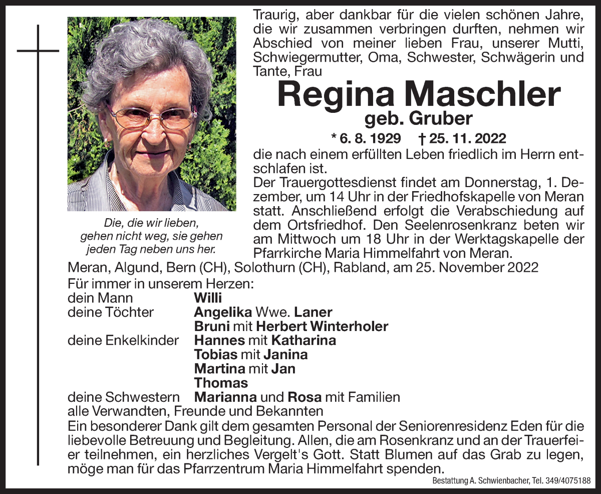  Traueranzeige für Regina Maschler vom 28.11.2022 aus Dolomiten