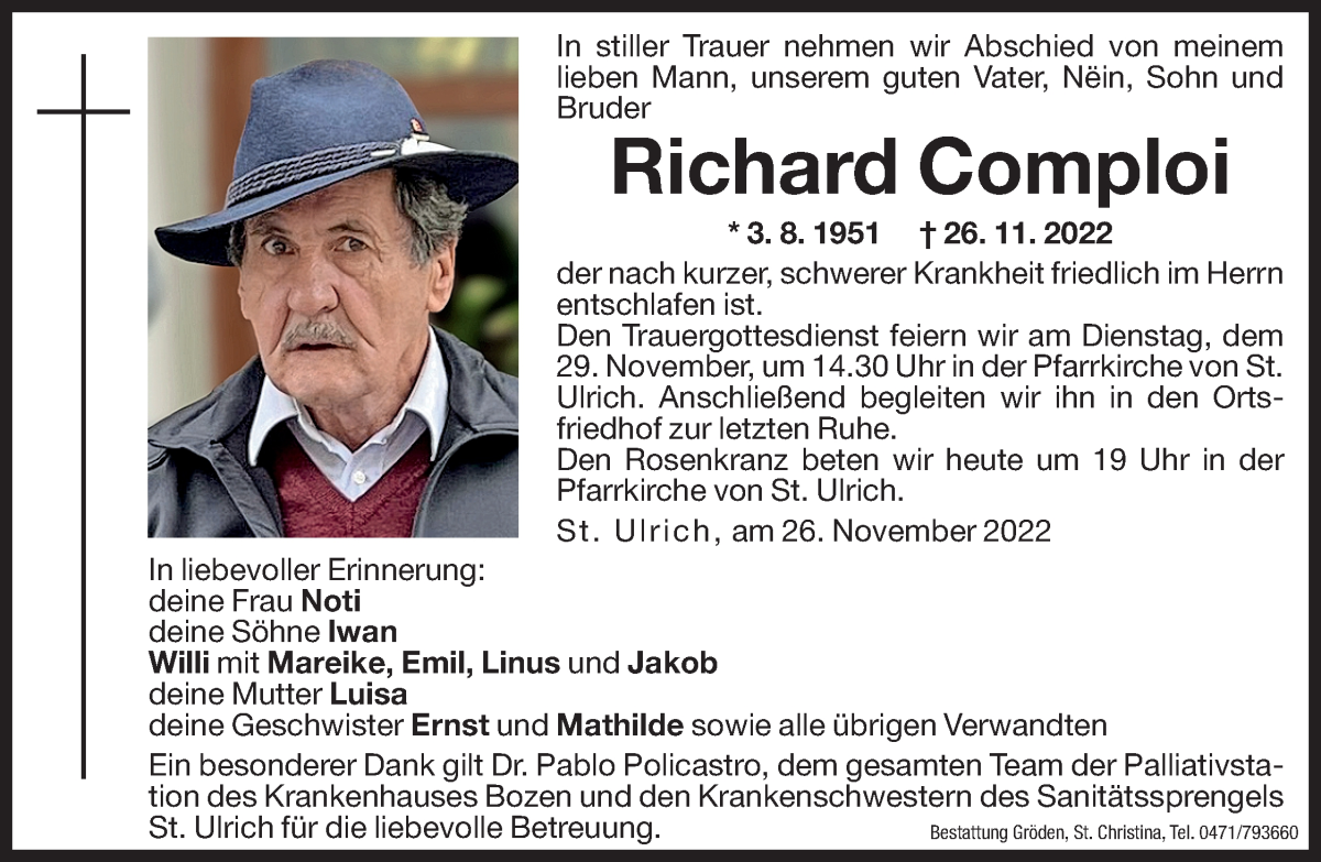  Traueranzeige für Richard Comploi vom 28.11.2022 aus Dolomiten