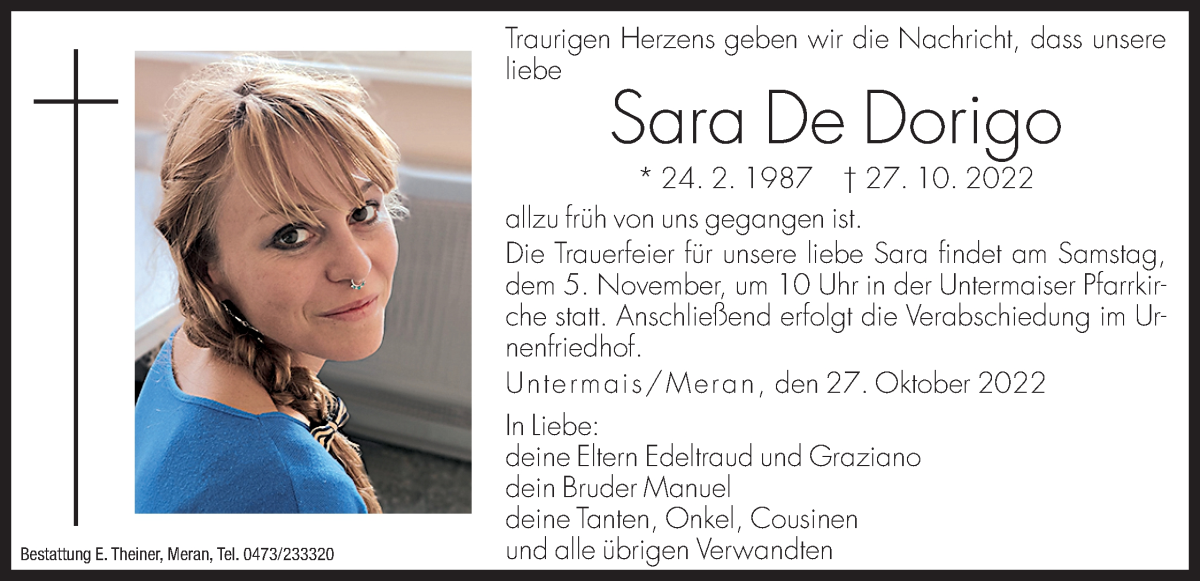  Traueranzeige für Sara De Dorigo vom 03.11.2022 aus Dolomiten