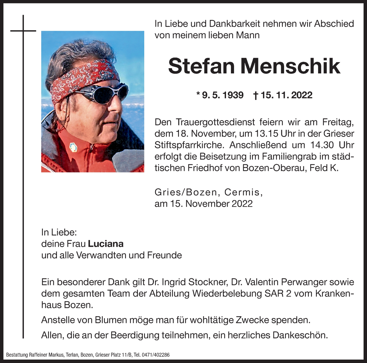  Traueranzeige für Stefan Menschik vom 17.11.2022 aus Dolomiten