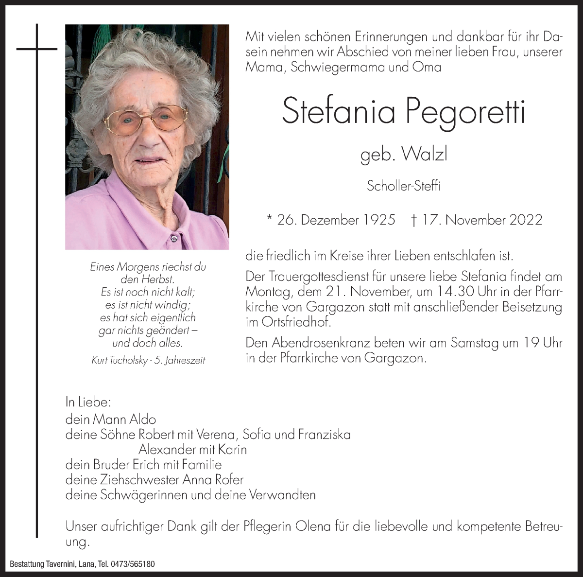  Traueranzeige für Stefania Pegoretti vom 18.11.2022 aus Dolomiten