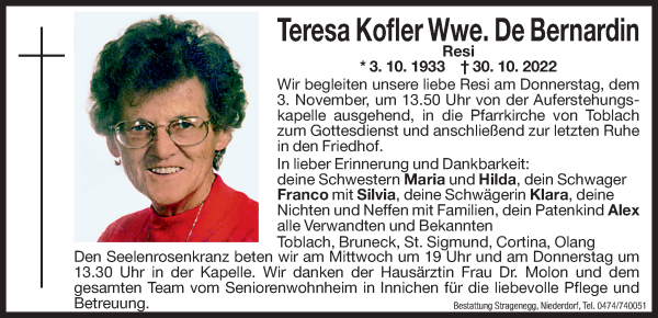 Traueranzeige von Teresa De Bernardin von Dolomiten