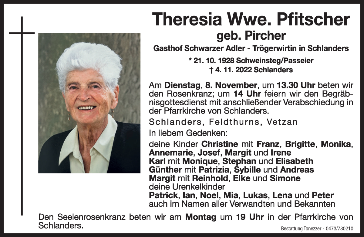  Traueranzeige für Theresia Pfitscher vom 07.11.2022 aus Dolomiten