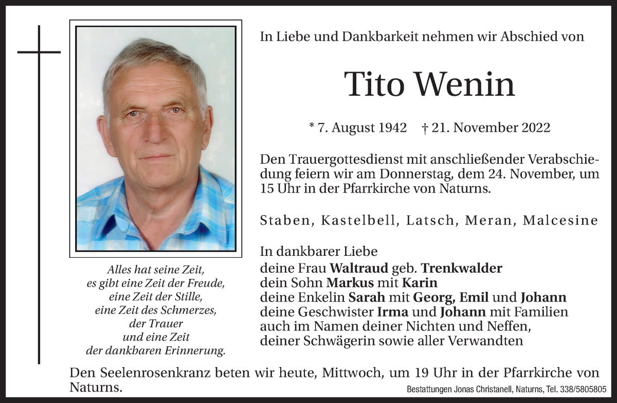  Traueranzeige für Tito Wenin vom 23.11.2022 aus Dolomiten