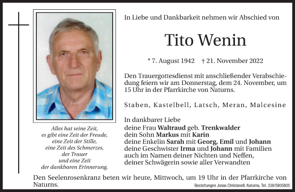 Traueranzeige von Tito Wenin von Dolomiten