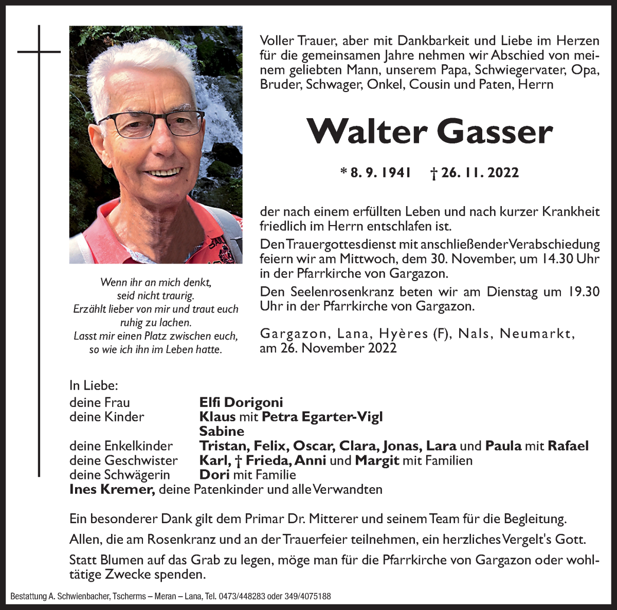  Traueranzeige für Walter Gasser vom 28.11.2022 aus Dolomiten