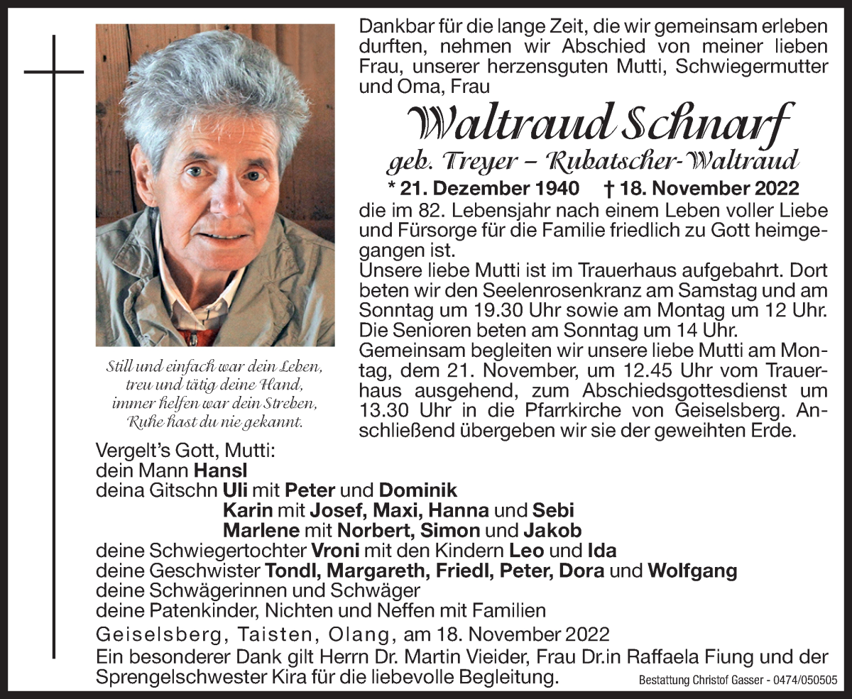  Traueranzeige für Waltraud Schnarf vom 19.11.2022 aus Dolomiten