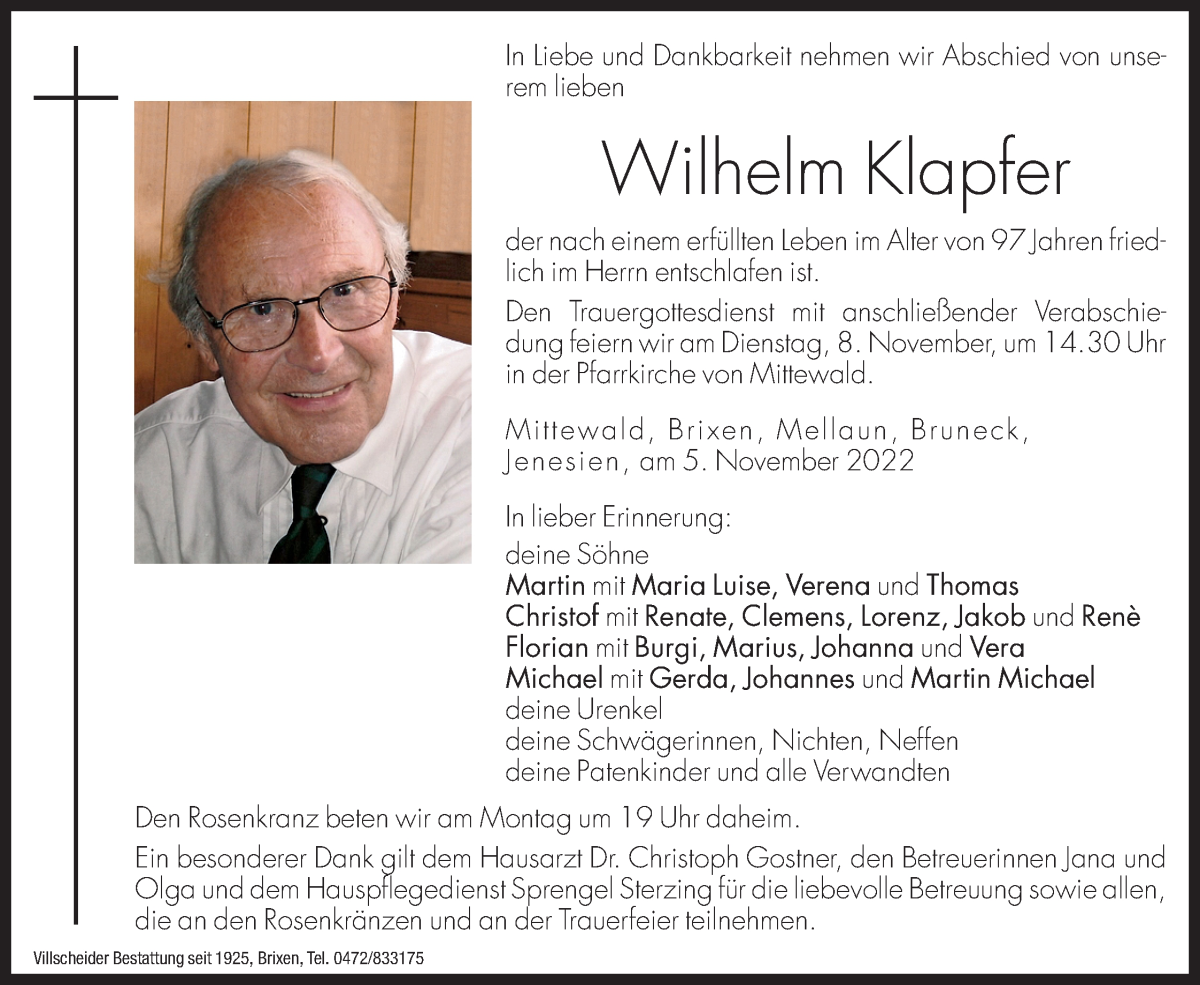  Traueranzeige für Wilhelm Klapfer vom 07.11.2022 aus Dolomiten